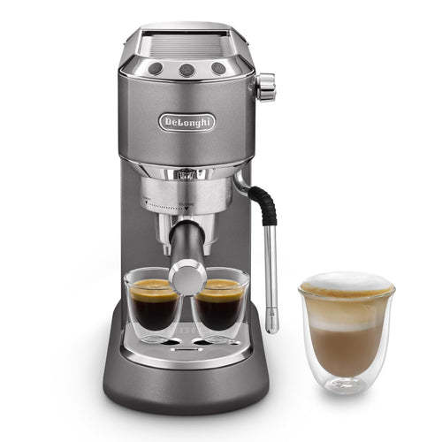 De'Longhi Dedica Arte EC 885.GY Machine à expresso avec buse MyLatterArt en mousse de lait, design compact, 15 cm de large, réservoir d'eau de 1 litre, coussinets E.S.E Gris