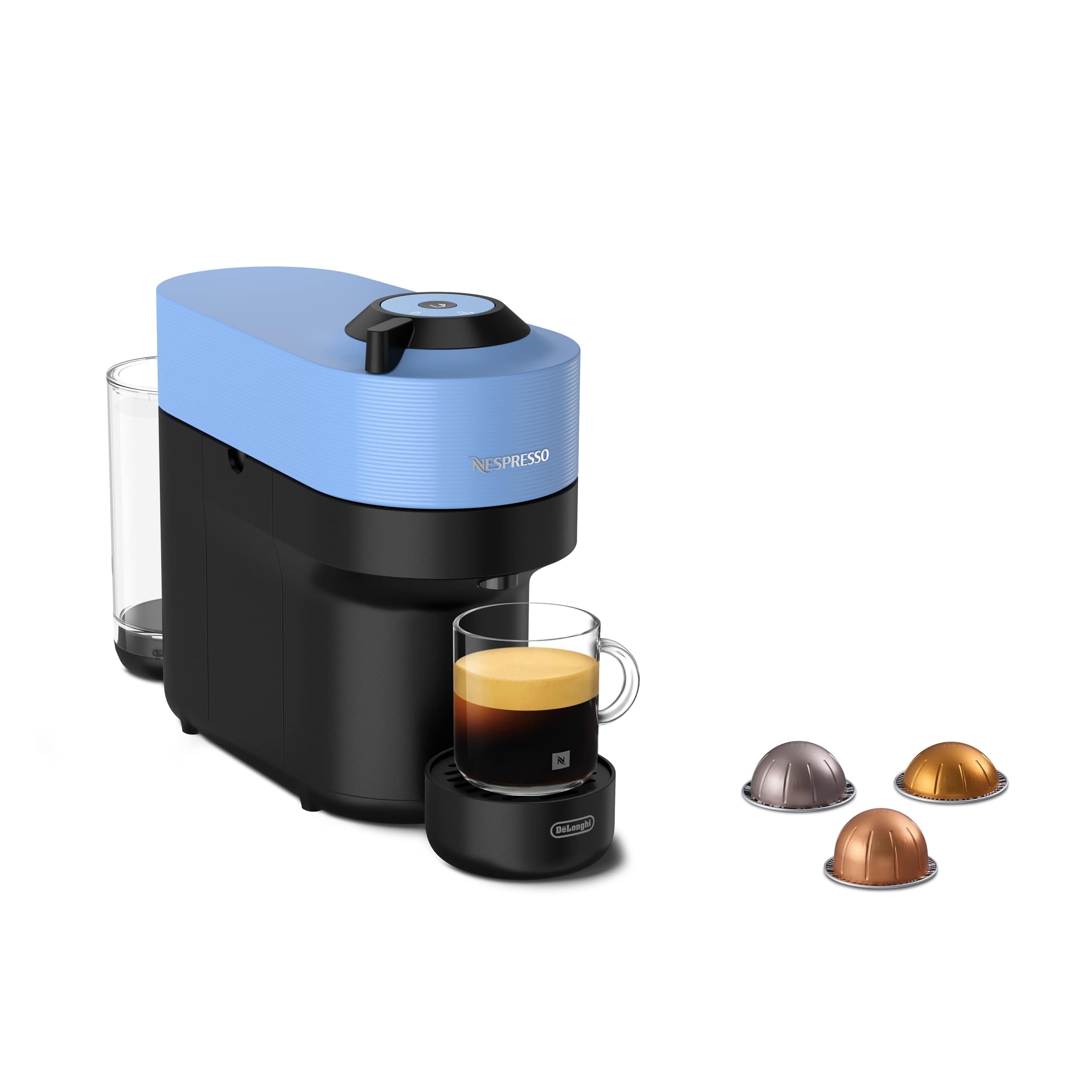 Machine à Café Vertuo POP Bleu, Capsules café Vertuo seulement, Technologie Centrifusion, 5 Tailles de Tasses + Kit de Bienvenue, Design Compact, Arrêt Automatique, Bleu