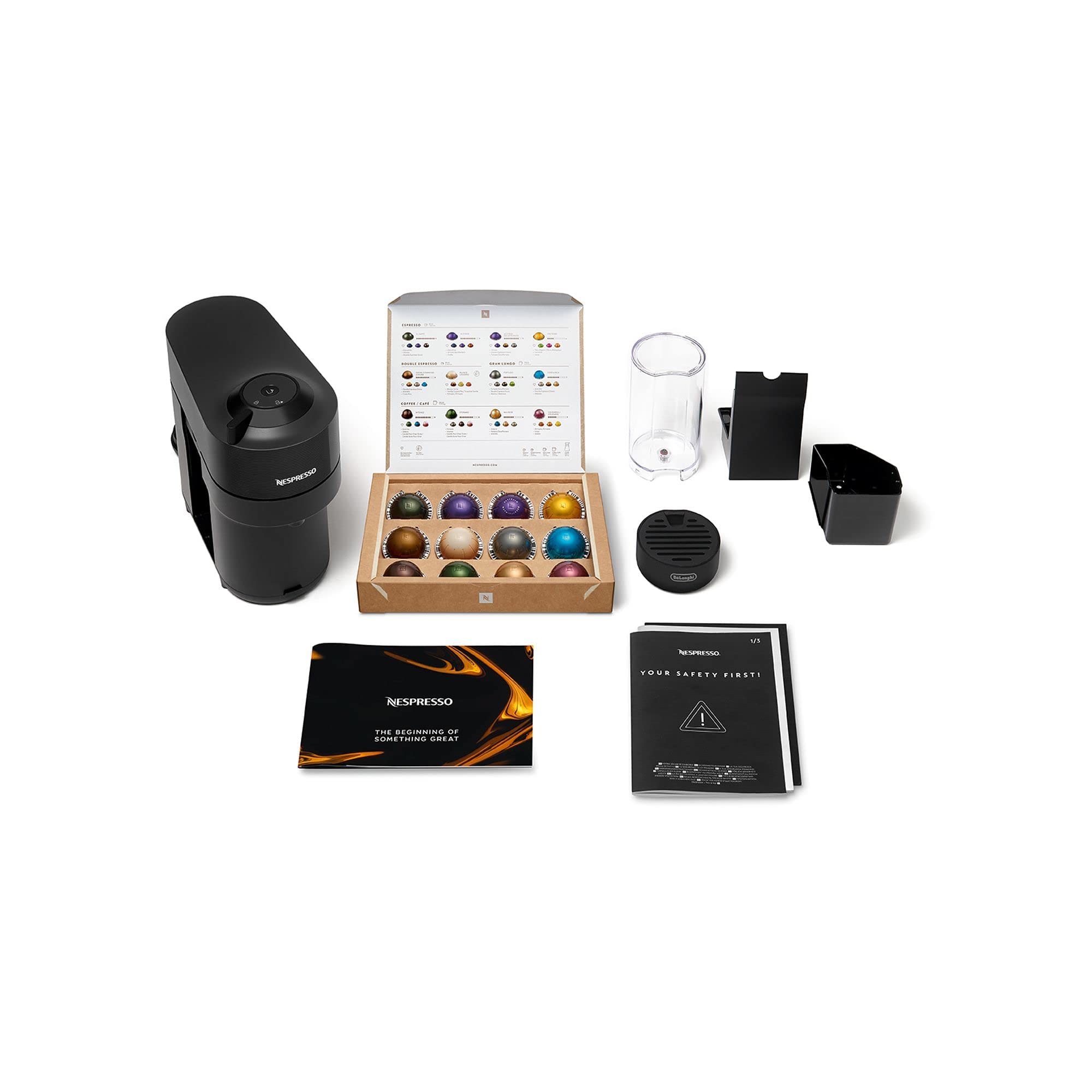 Machine à Café Vertuo POP Noir, Capsules café Vertuo seulement, Technologie Centrifusion, 5 Tailles de Tasses + Kit de Bienvenue, Design Compact, Arrêt Automatique, Noir