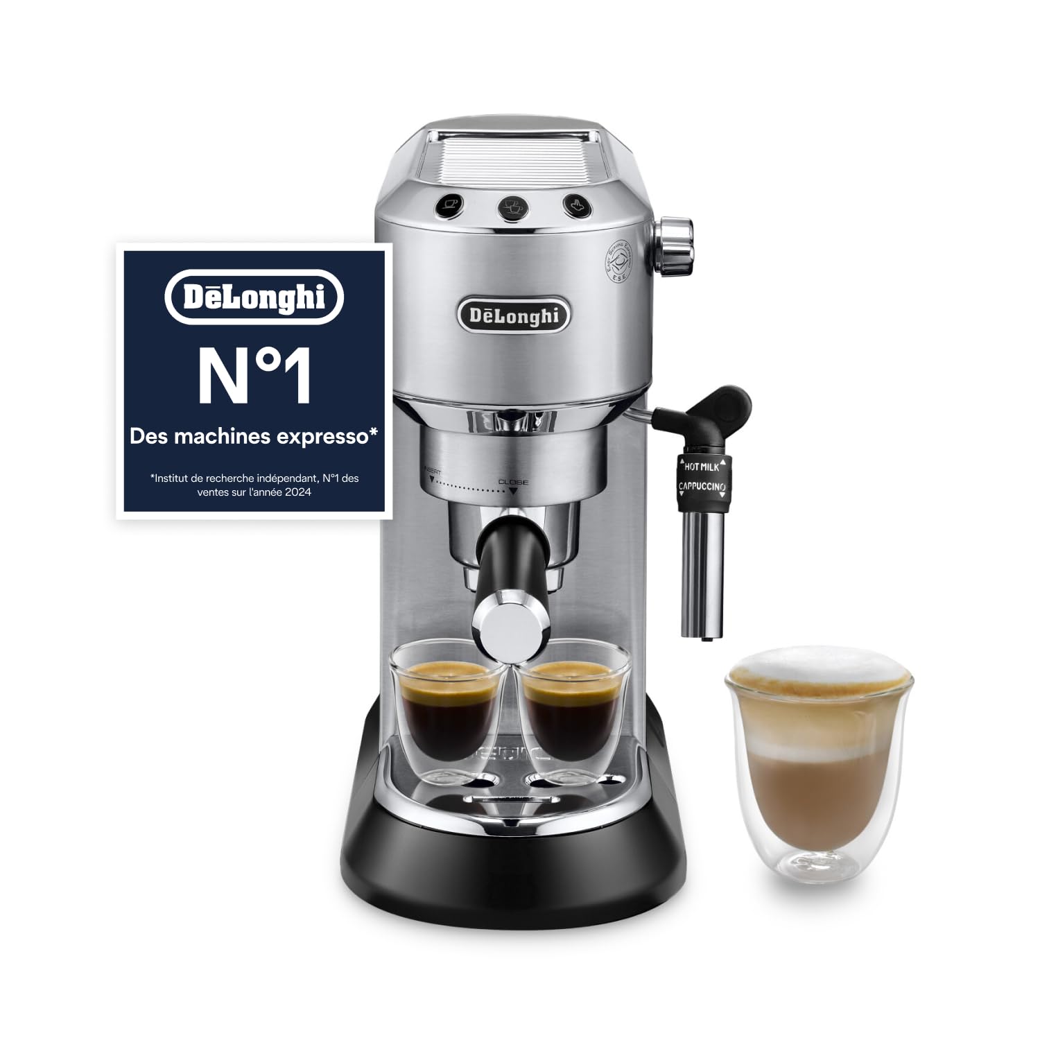De'Longhi Dedica Style EC685.M, Machine à Expresso avec Buse à Mousse de Lait Professionnelle, Seulement 15 cm de Large, Réservoir de 1 L, Boîtier en Métal, Compatible avec les Dosettes E.S.E, Métal