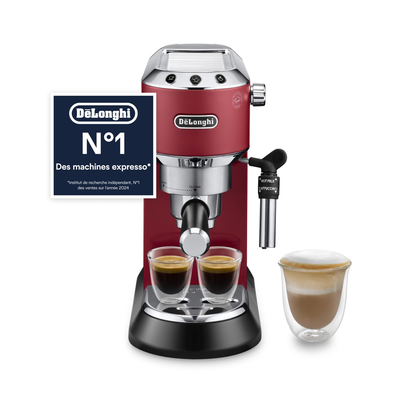 De'Longhi Dedica Style EC685.R, Machine à Café à Pompe en Acier Inoxydable Pour Café Moulu ou Dosettes, Machine à Espresso et Cappuccino, Réservoir de 1,3L, Système Anti-goutte, Rouge