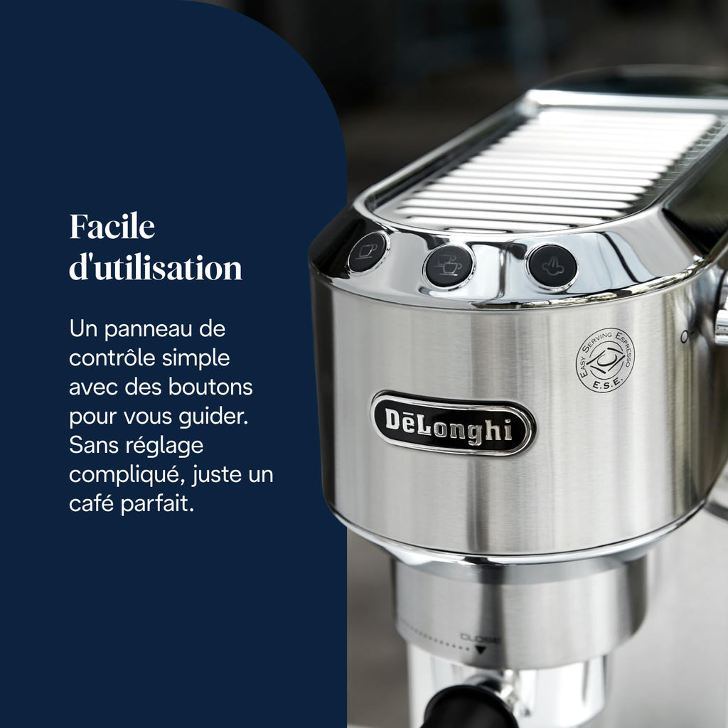 De'Longhi Dedica Style EC685.M, Machine à Expresso avec Buse à Mousse de Lait Professionnelle, Seulement 15 cm de Large, Réservoir de 1 L, Boîtier en Métal, Compatible avec les Dosettes E.S.E, Métal