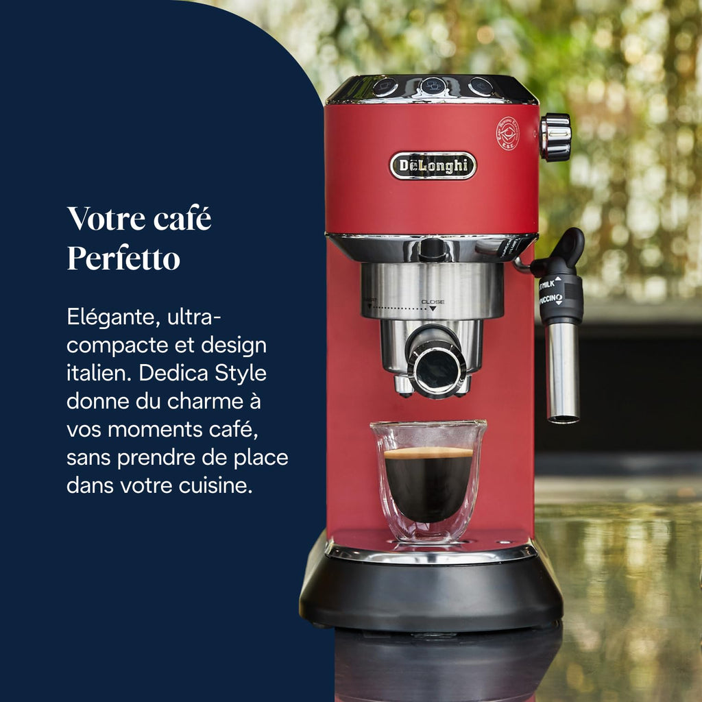 De'Longhi Dedica Style EC685.R, Machine à Café à Pompe en Acier Inoxydable Pour Café Moulu ou Dosettes, Machine à Espresso et Cappuccino, Réservoir de 1,3L, Système Anti-goutte, Rouge