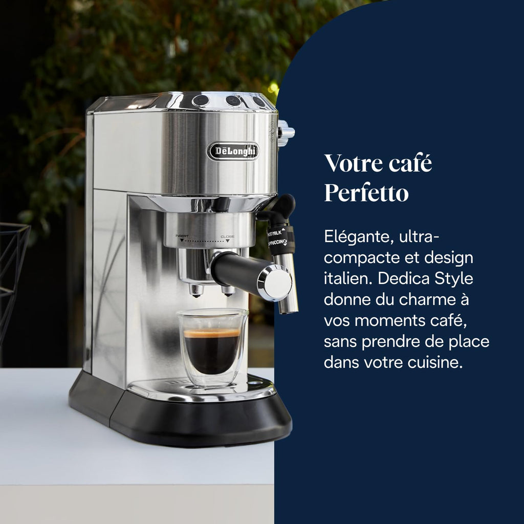 De'Longhi Dedica Style EC685.M, Machine à Expresso avec Buse à Mousse de Lait Professionnelle, Seulement 15 cm de Large, Réservoir de 1 L, Boîtier en Métal, Compatible avec les Dosettes E.S.E, Métal