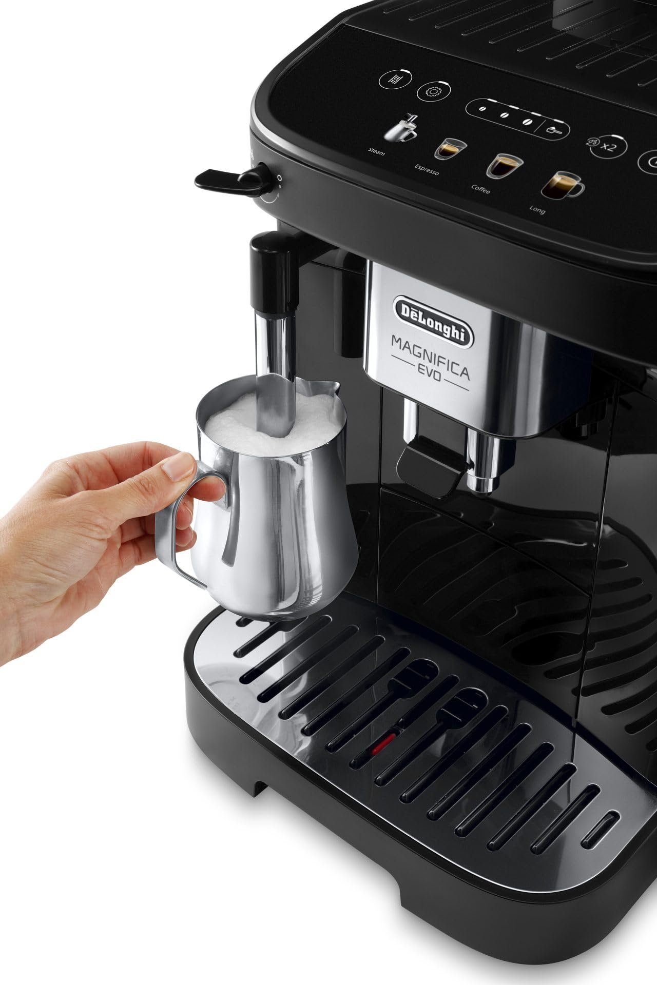 De'Longhi Magnifica Evo ECAM290.21.B, Machine à Café Automatique avec Mousseur à Lait, Machine Grain Compacte, Mousseur à Lait Manuel, 4 Recettes, Écran Tactile Couleur, Noir