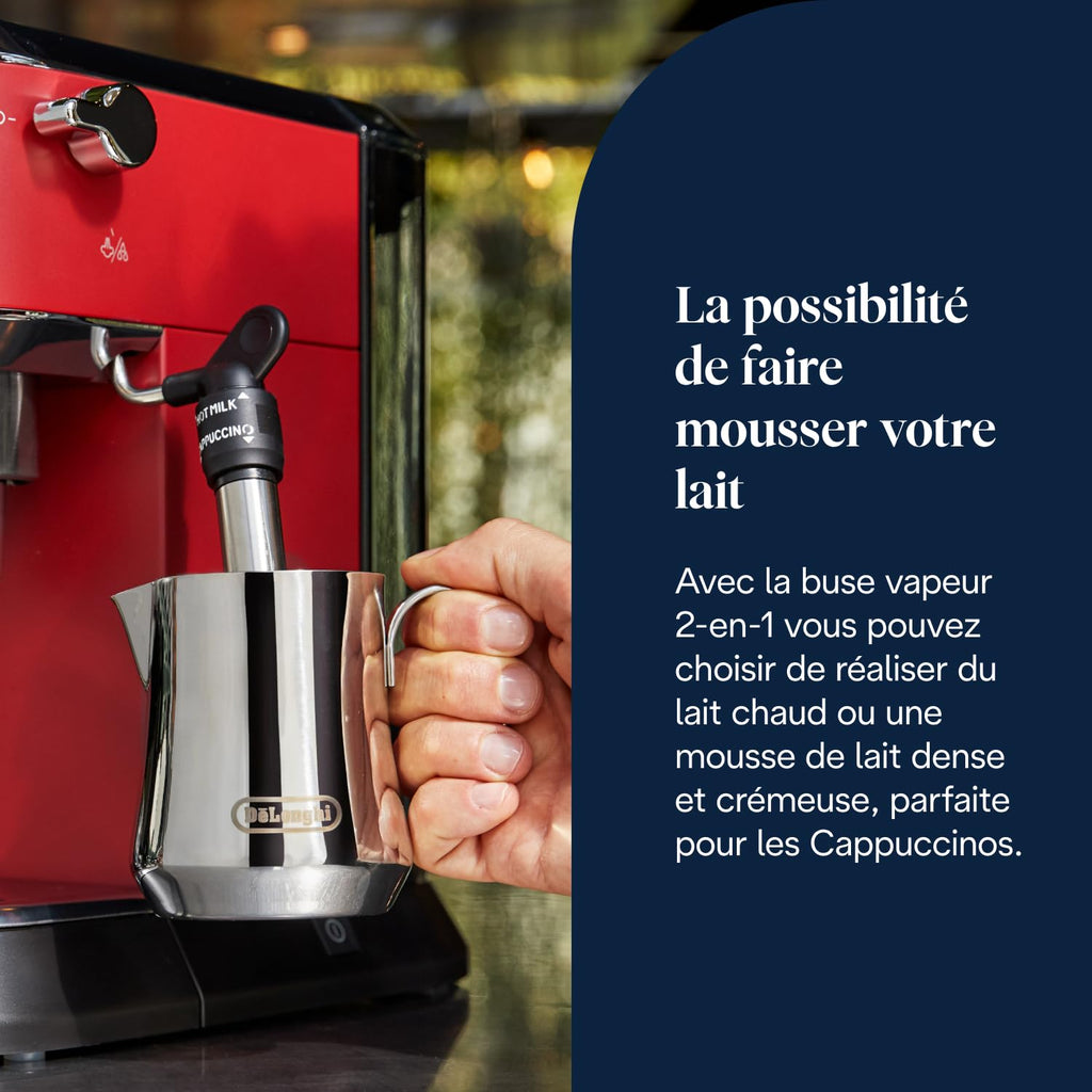 De'Longhi Dedica Style EC685.R, Machine à Café à Pompe en Acier Inoxydable Pour Café Moulu ou Dosettes, Machine à Espresso et Cappuccino, Réservoir de 1,3L, Système Anti-goutte, Rouge