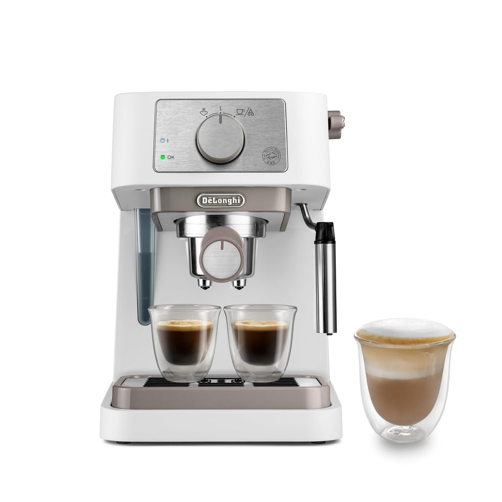 Machine à café manuelle Stilosa, pression 15 bars, système cappuccino, arrêt automatique, compatible avec les tampons ESE, 2 récipients étagés, capacité 1 L, blanc
