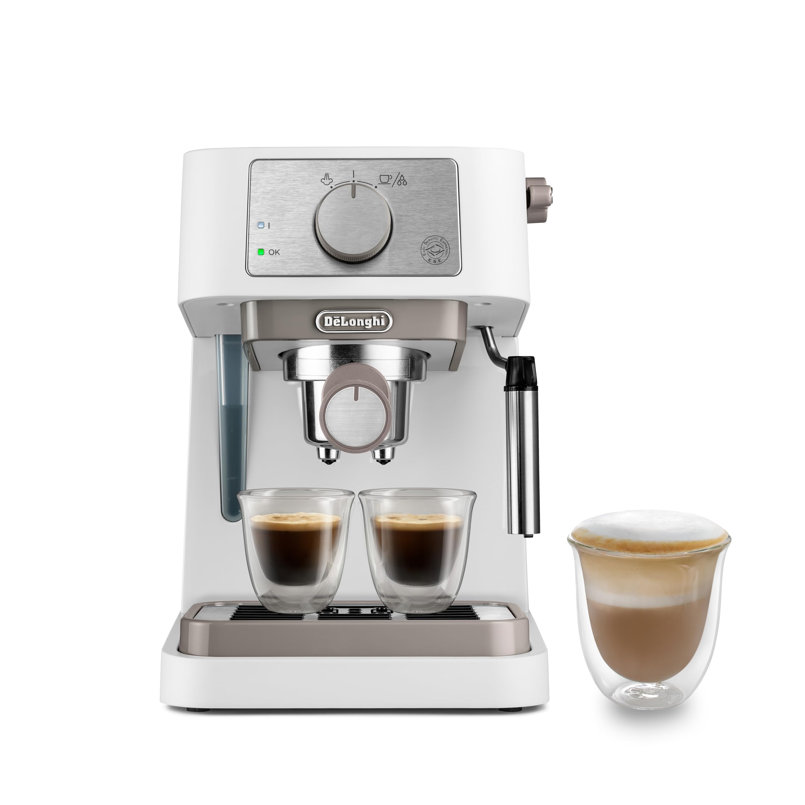 De'Longhi Machine à café manuelle Stilosa EC260.W, pression 15 bars, système cappuccino, arrêt automatique, compatible avec les tampons ESE, 2 récipients étagés, capacité 1 L, blanc