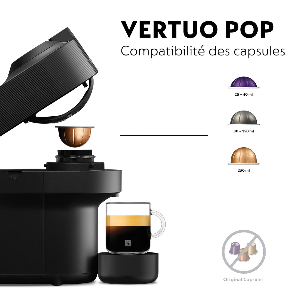 Machine à Café Vertuo POP Noir, Capsules café Vertuo seulement, Technologie Centrifusion, 5 Tailles de Tasses + Kit de Bienvenue, Design Compact, Arrêt Automatique, Noir