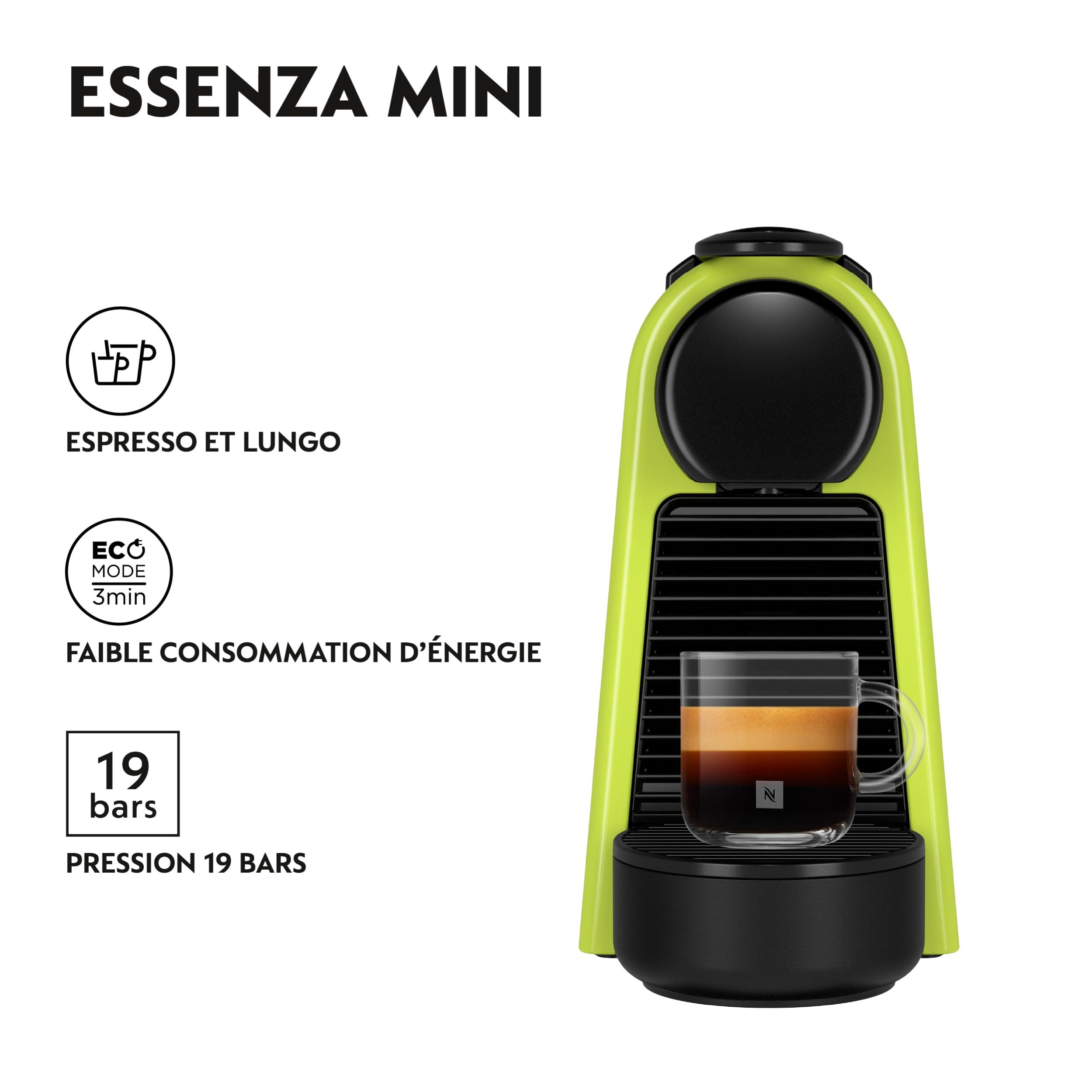 Machine à Café Essenza Mini Vert, 19 Bars + Kit de Bienvenue, Design Compact, Expresso et Lungo, Arrêt Automatique, Citron Vert
