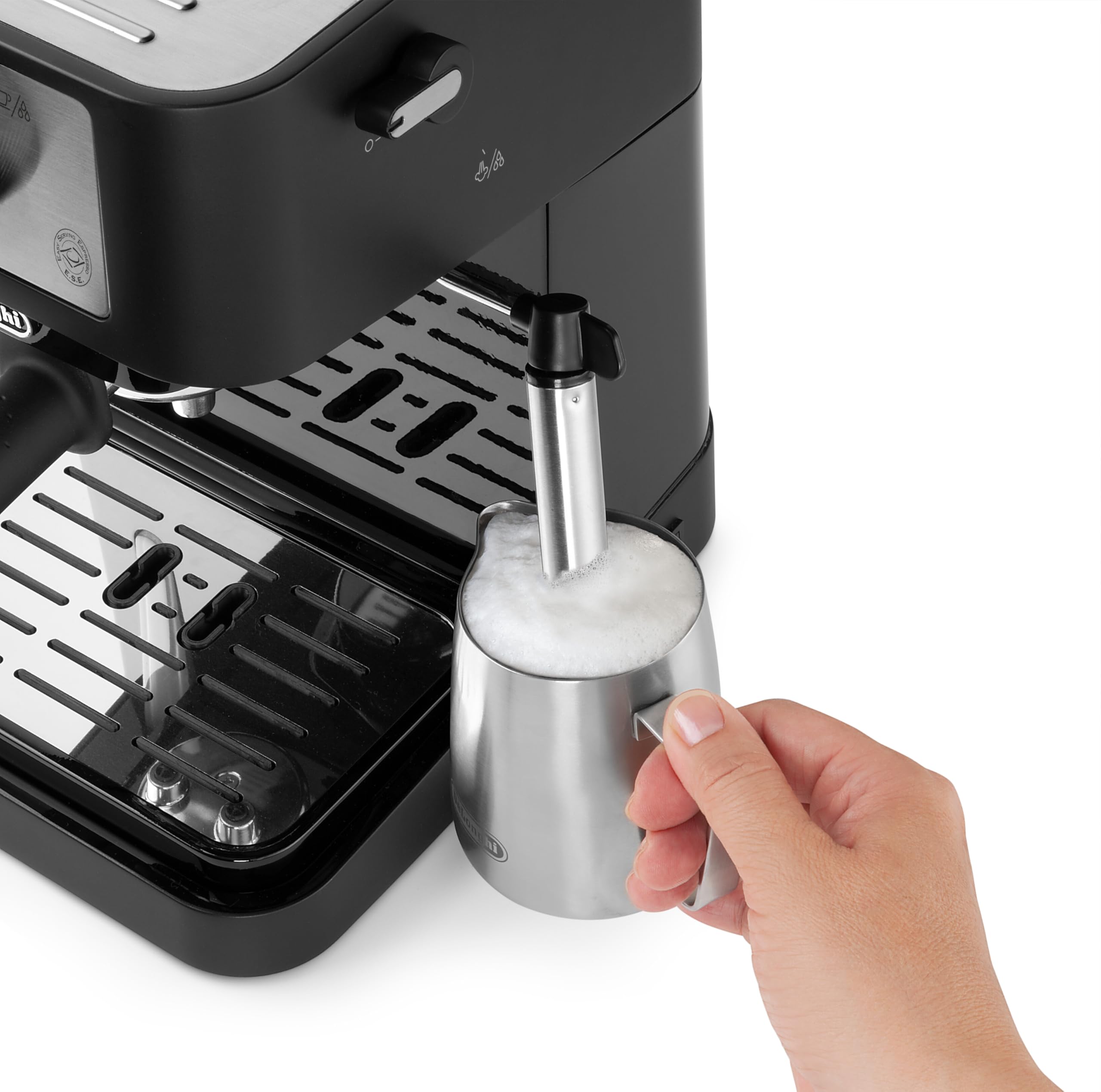 Stilosa – Machine à porte-filtre traditionnelle avec tambour, mousseur à lait professionnel pour poudre expresso ou ESE, réservoir d'eau de 1 l, noir, 1100 W
