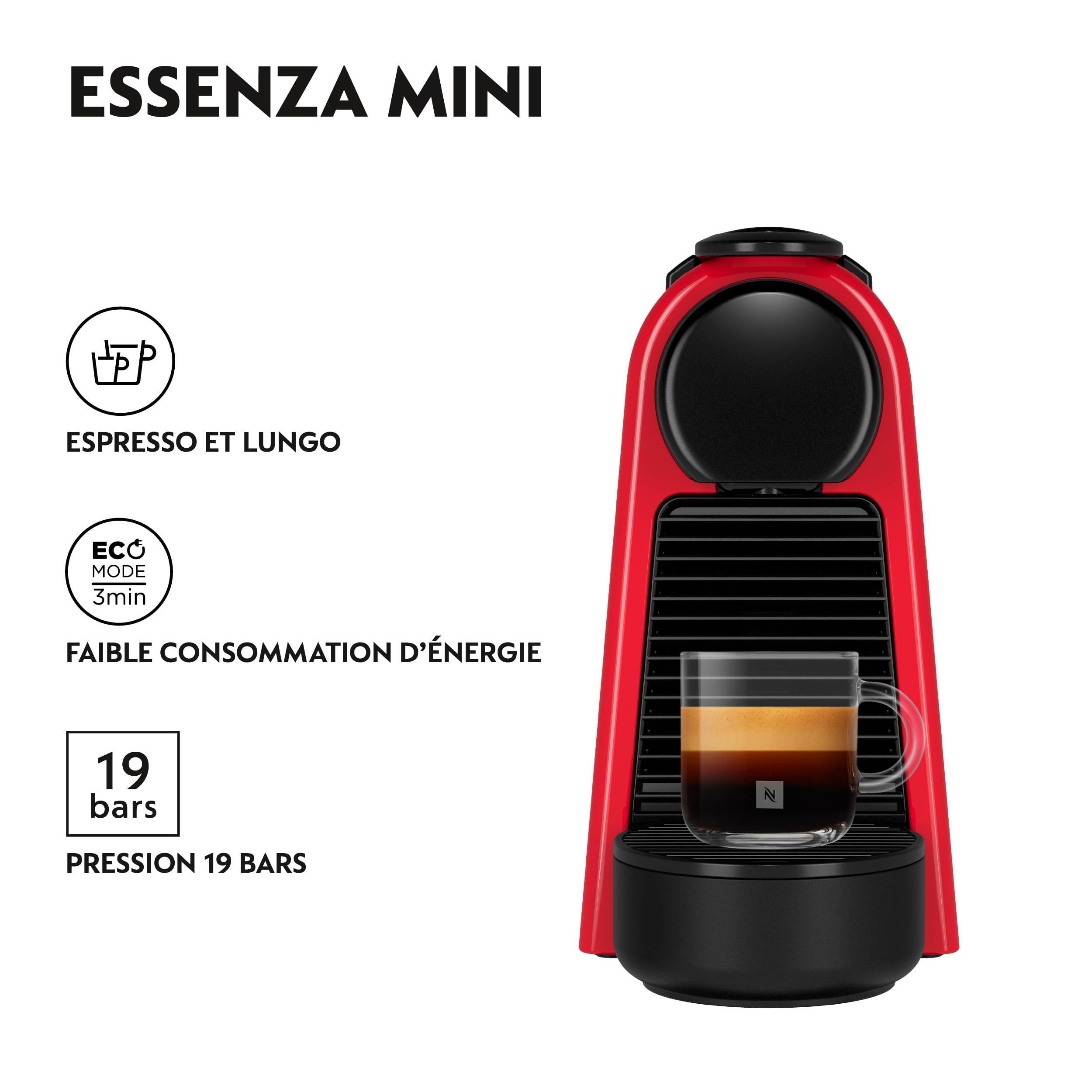 Machine à Café Essenza Mini Rouge Rubis, 19 Bars + Kit de Bienvenue, Design Compact, Expresso et Lungo, Arrêt Automatique, Rouge