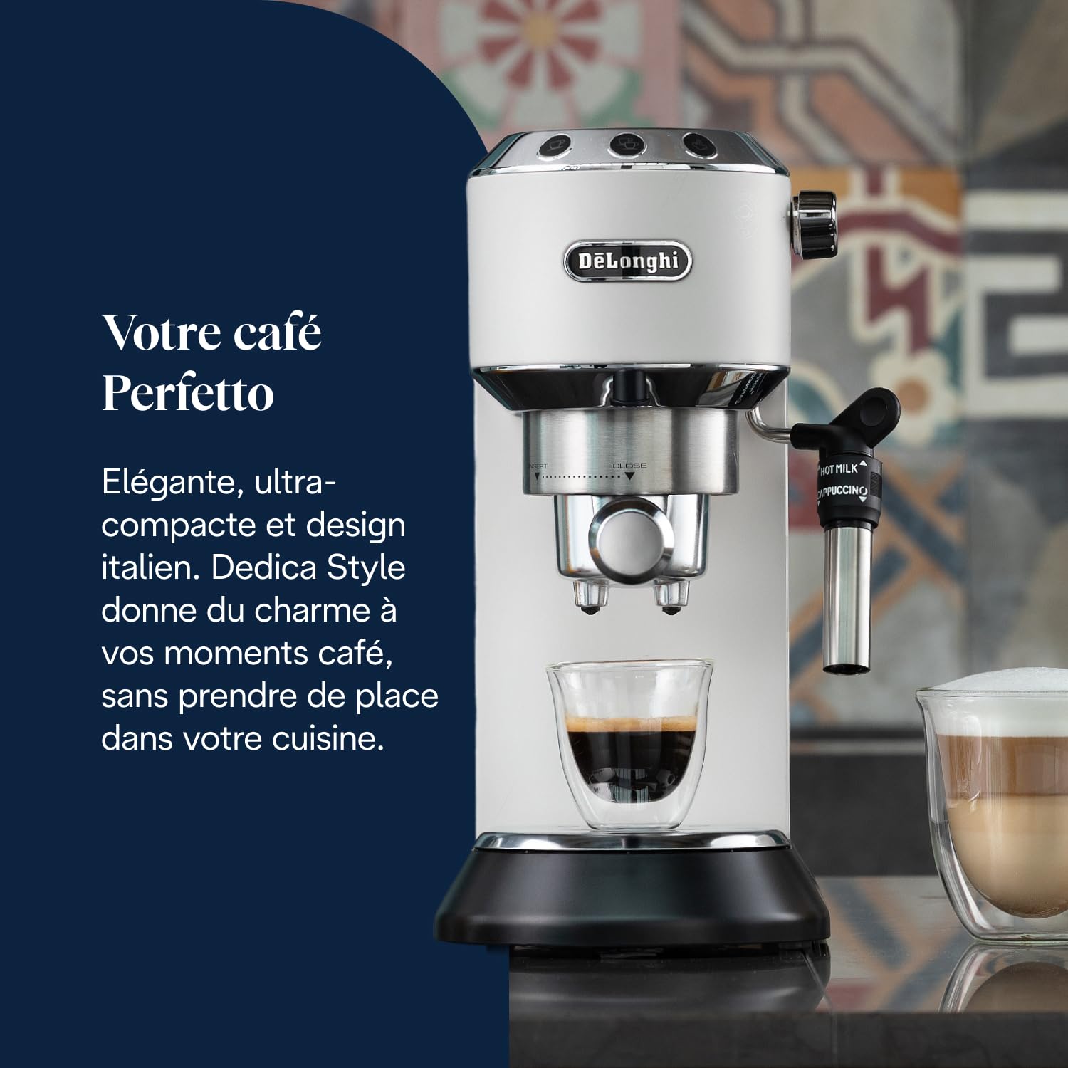 De'Longhi Dedica Style EC685.W, Machine à Café à Pompe en Acier Inoxydable Pour Café Moulu ou Dosettes, Machine à Espresso et Cappuccino, Réservoir de 1,3L, Système Anti-goutte, Blanc