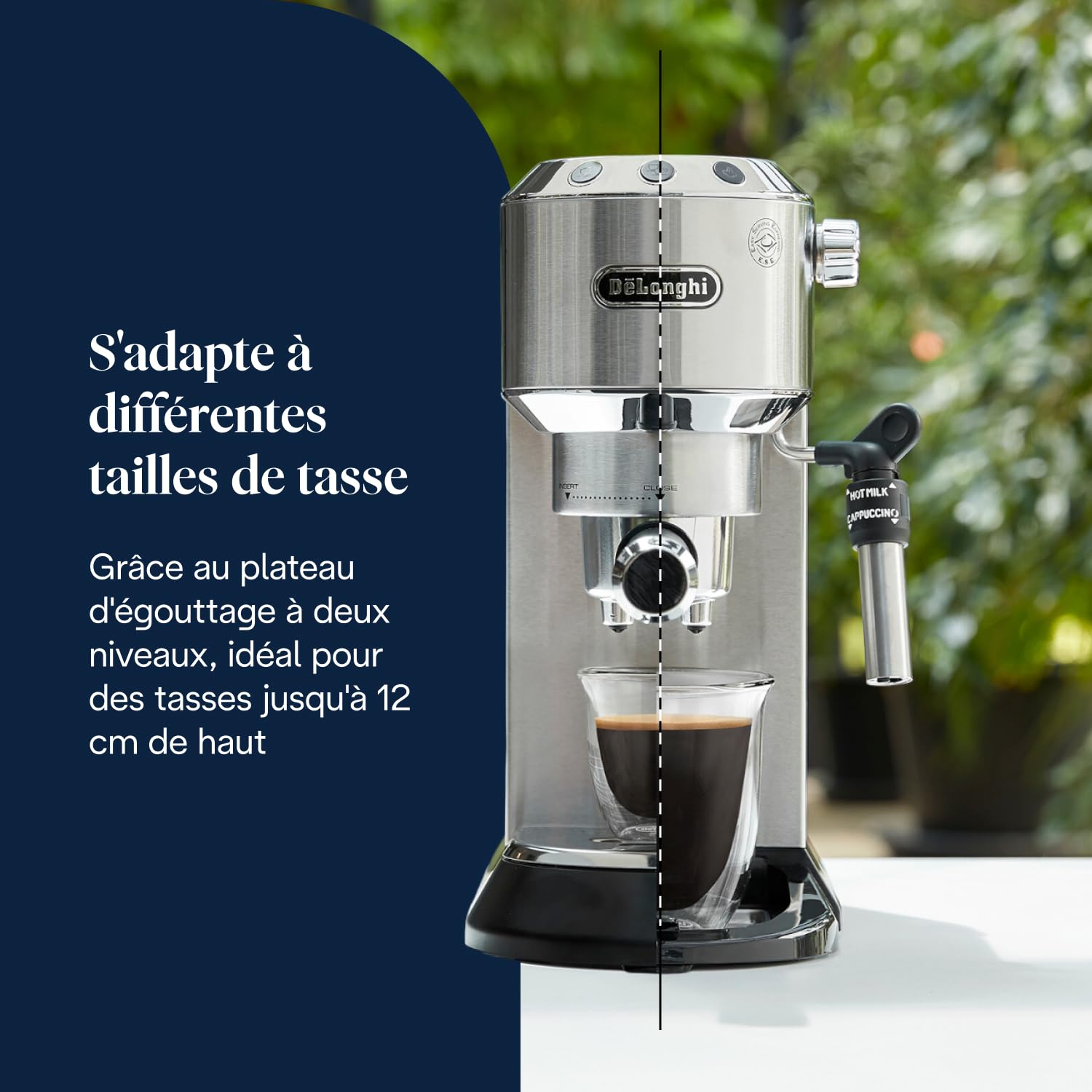 De'Longhi Dedica Style EC685.M, Machine à Expresso avec Buse à Mousse de Lait Professionnelle, Seulement 15 cm de Large, Réservoir de 1 L, Boîtier en Métal, Compatible avec les Dosettes E.S.E, Métal