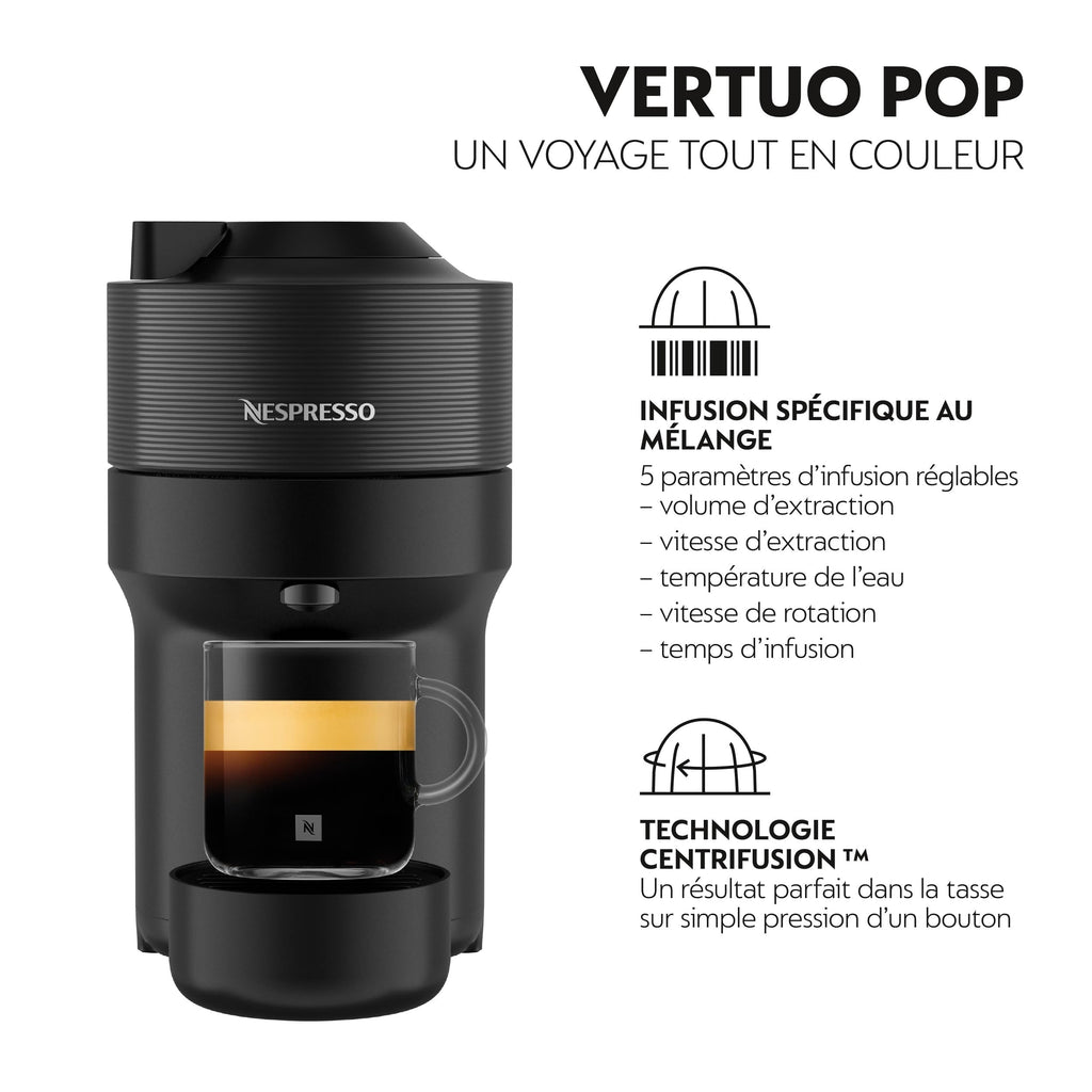 Machine à Café Vertuo POP Noir, Capsules café Vertuo seulement, Technologie Centrifusion, 5 Tailles de Tasses + Kit de Bienvenue, Design Compact, Arrêt Automatique, Noir