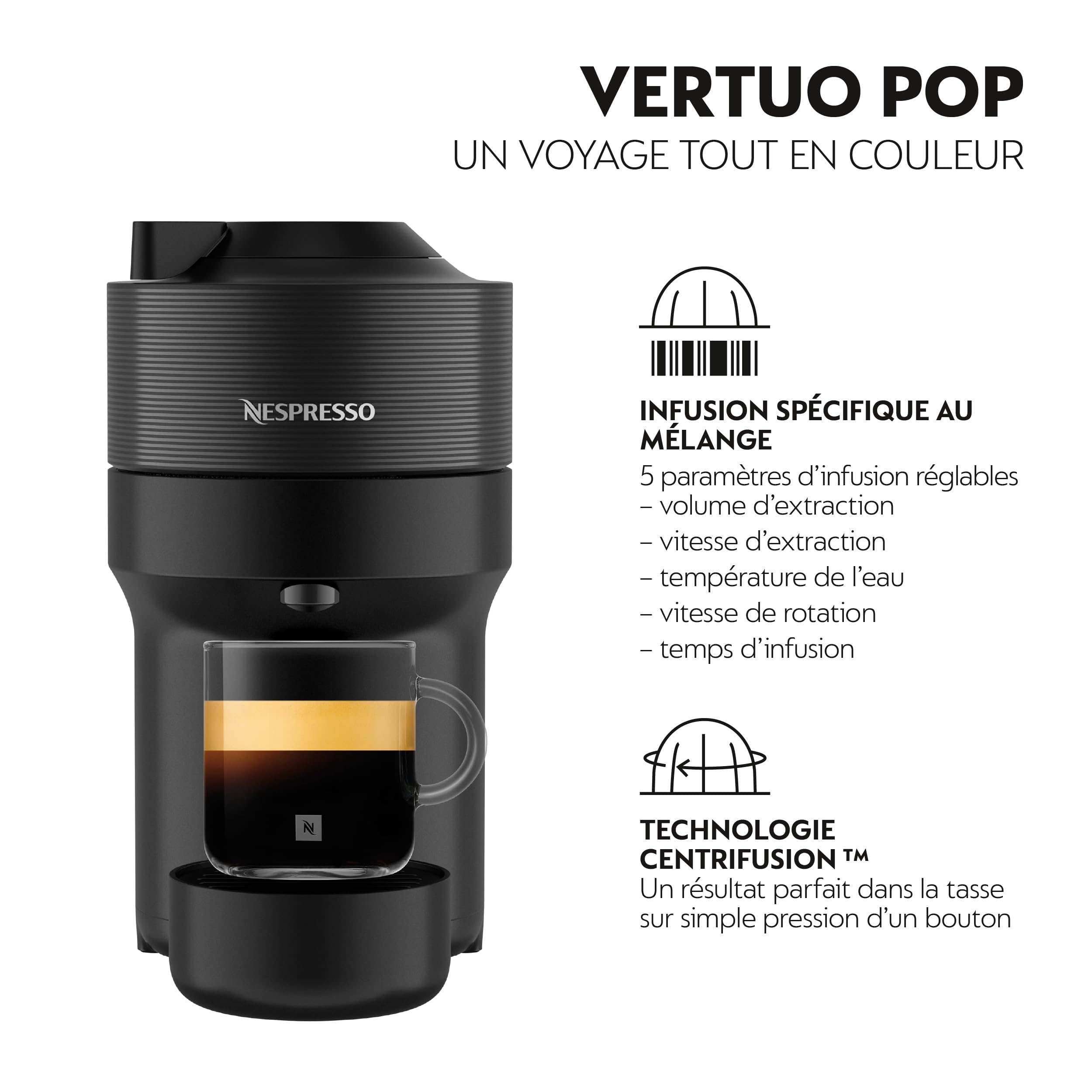 Machine à Café Vertuo POP Noir, Capsules café Vertuo seulement, Technologie Centrifusion, 5 Tailles de Tasses + Kit de Bienvenue, Design Compact, Arrêt Automatique, Noir