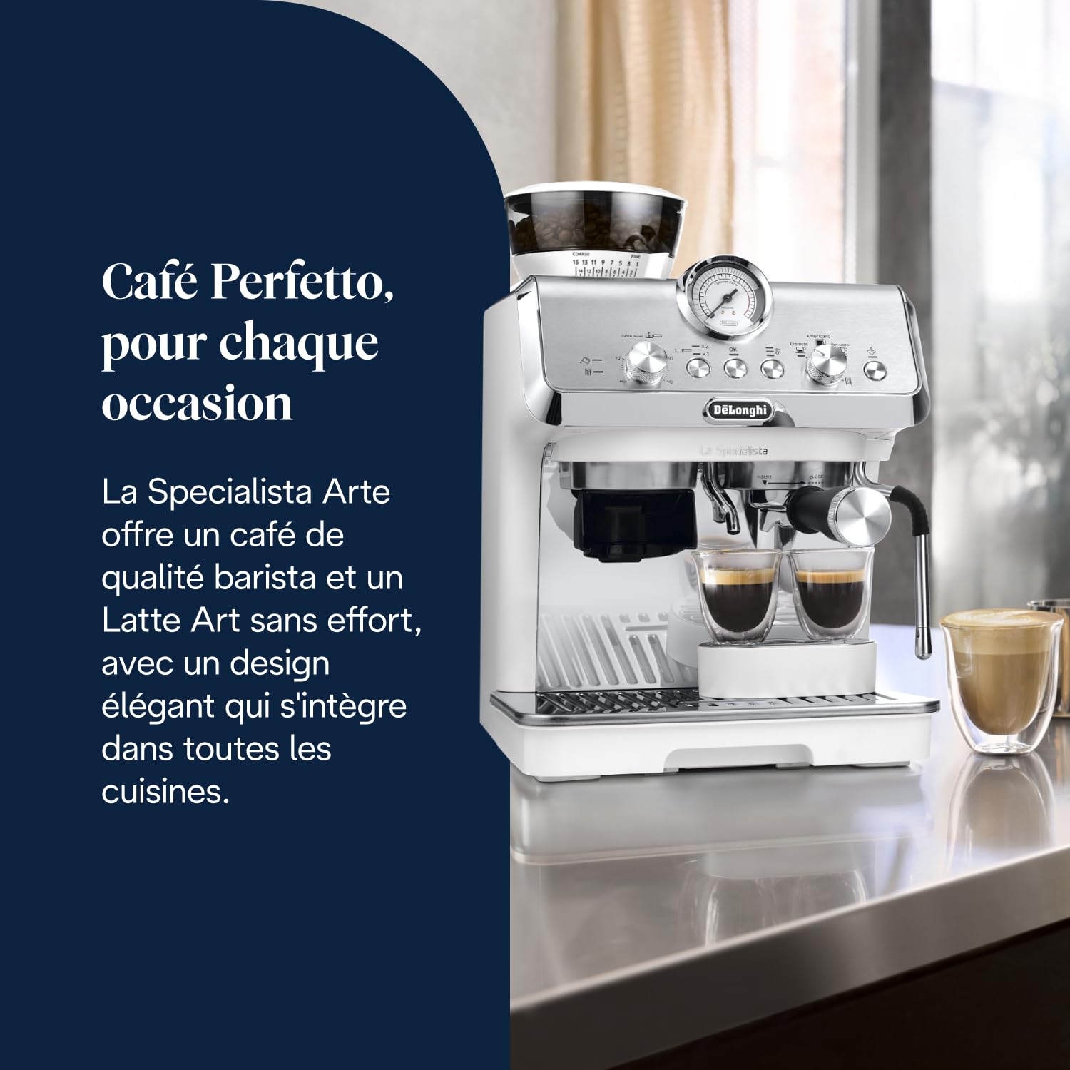 De'Longhi La Specialista Arte EC9155.W, Machine à Porte filtre, Machine Expresso Manuelle avec Moulin, 8 Niveaux de Mouture, 15 Bars, 3 Températures, Buse à Vapeur, Inclus Kit Barista, Blanc