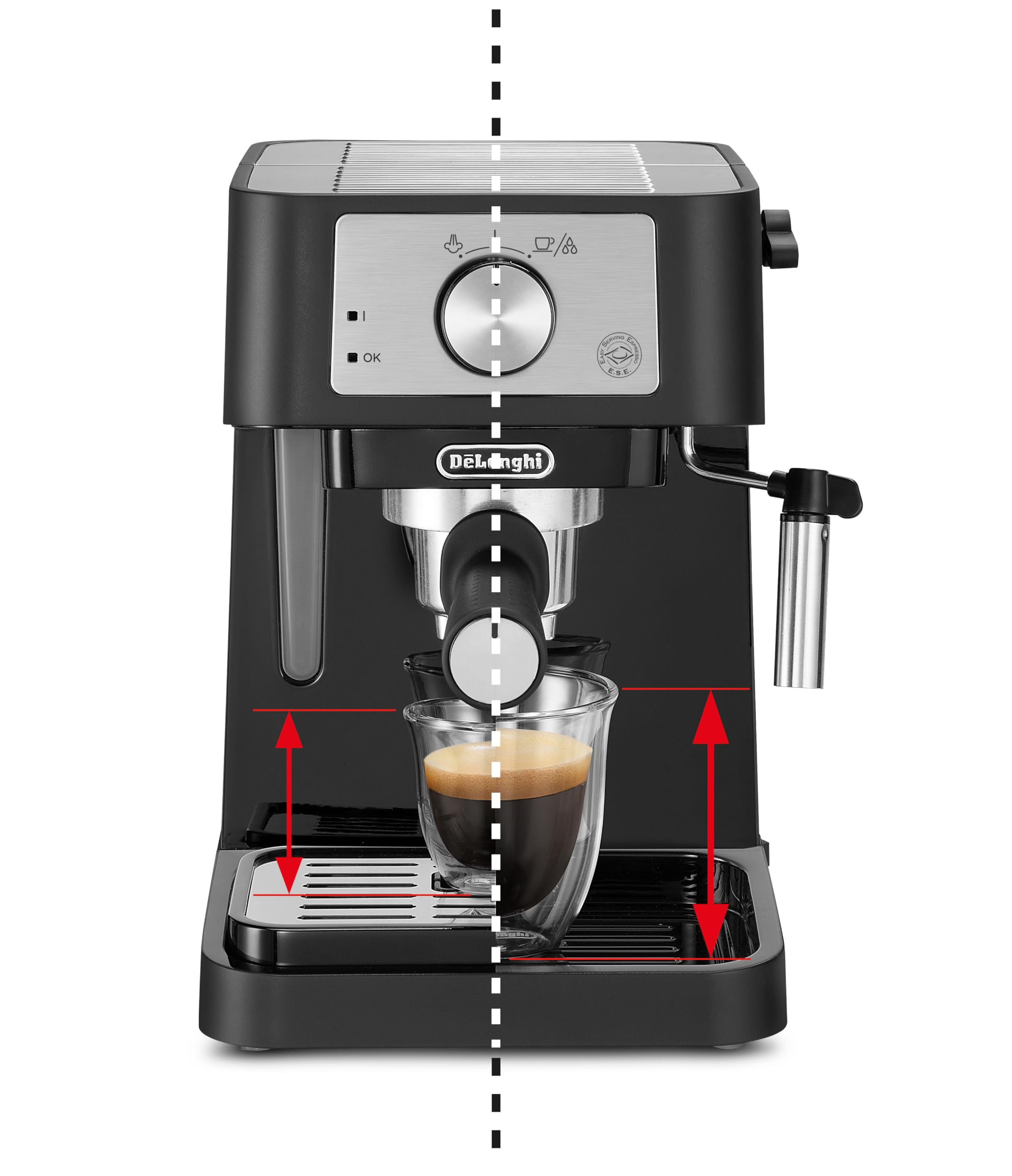 Stilosa – Machine à porte-filtre traditionnelle avec tambour, mousseur à lait professionnel pour poudre expresso ou ESE, réservoir d'eau de 1 l, noir, 1100 W