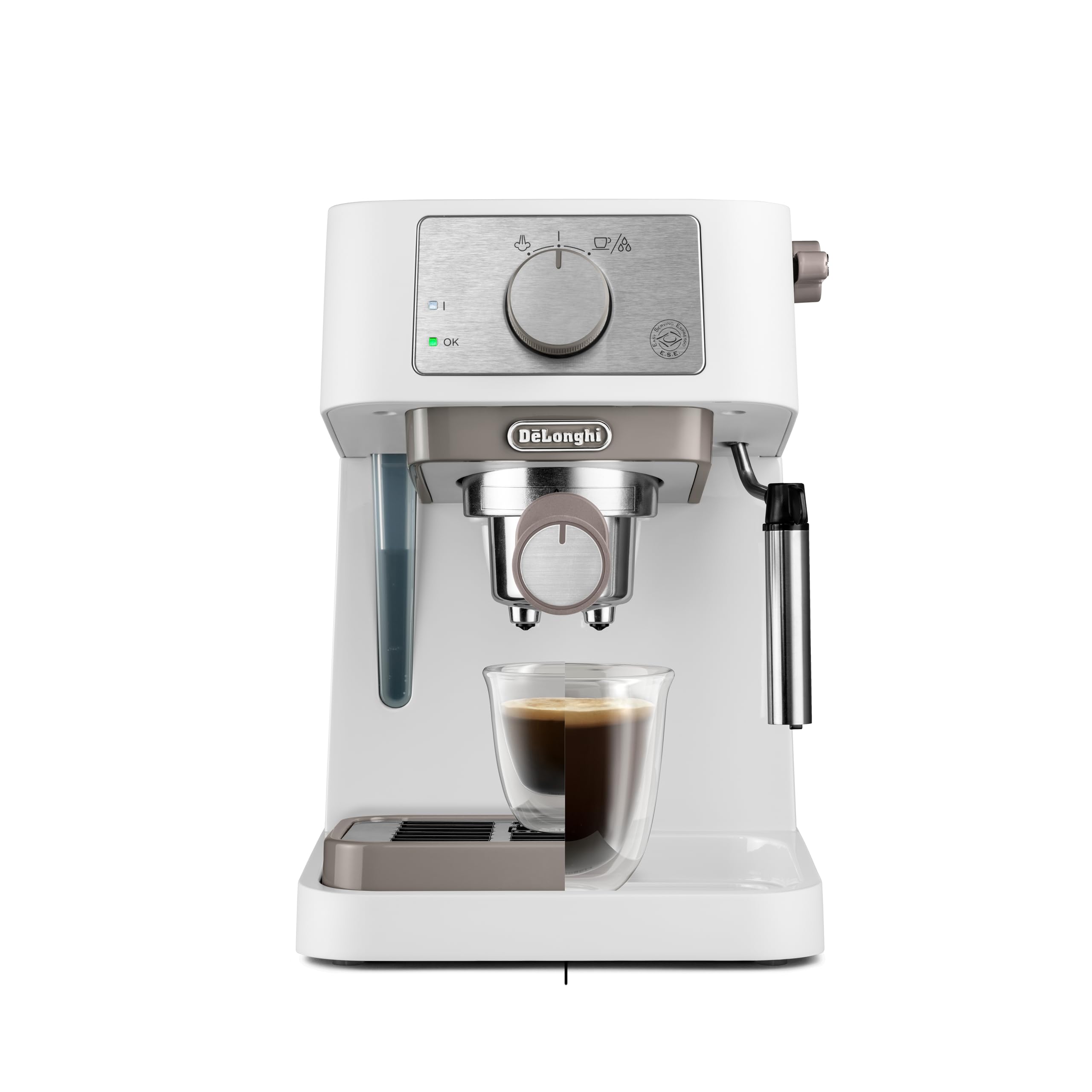 De'Longhi Machine à café manuelle Stilosa EC260.W, pression 15 bars, système cappuccino, arrêt automatique, compatible avec les tampons ESE, 2 récipients étagés, capacité 1 L, blanc