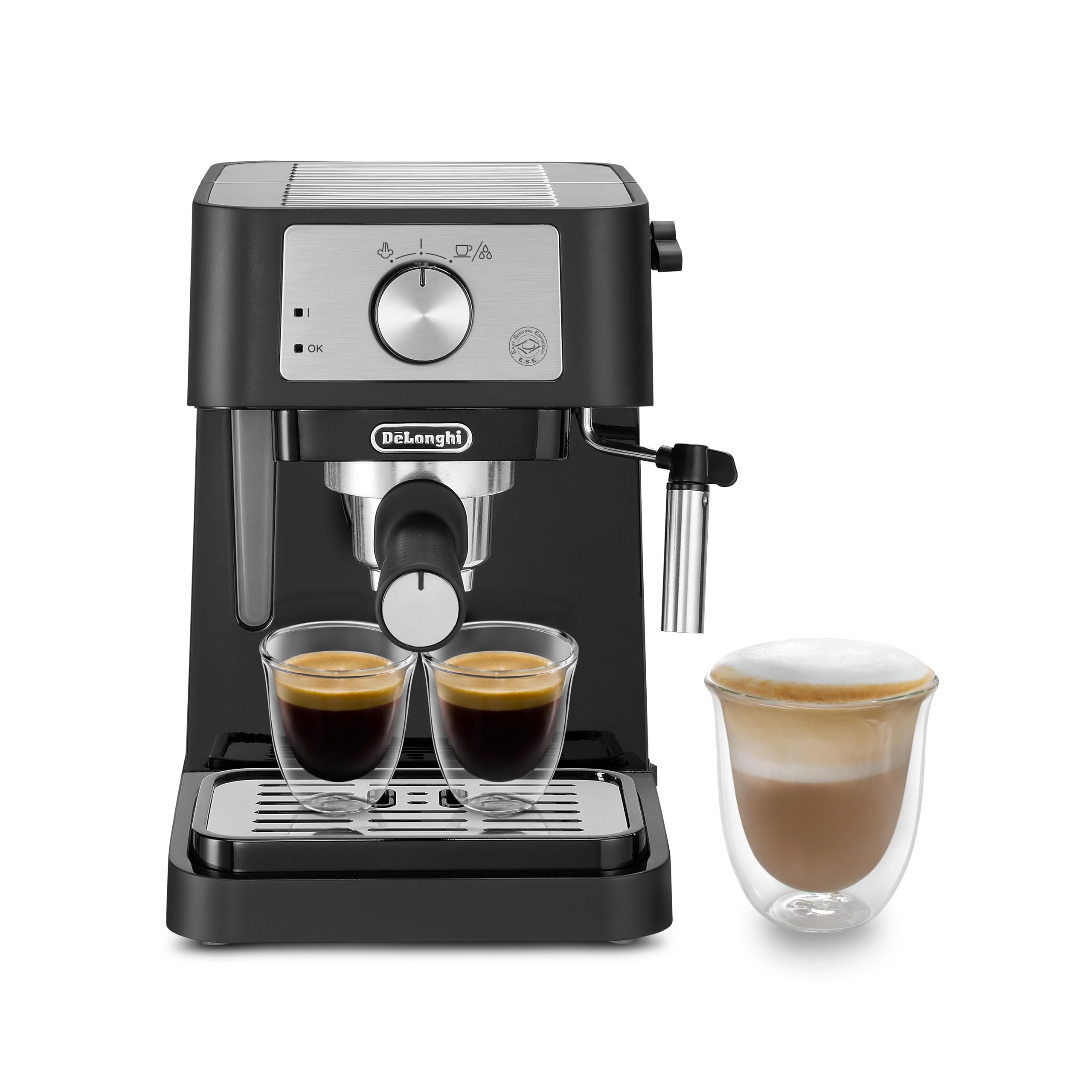 Stilosa – Machine à porte-filtre traditionnelle avec tambour, mousseur à lait professionnel pour poudre expresso ou ESE, réservoir d'eau de 1 l, noir, 1100 W