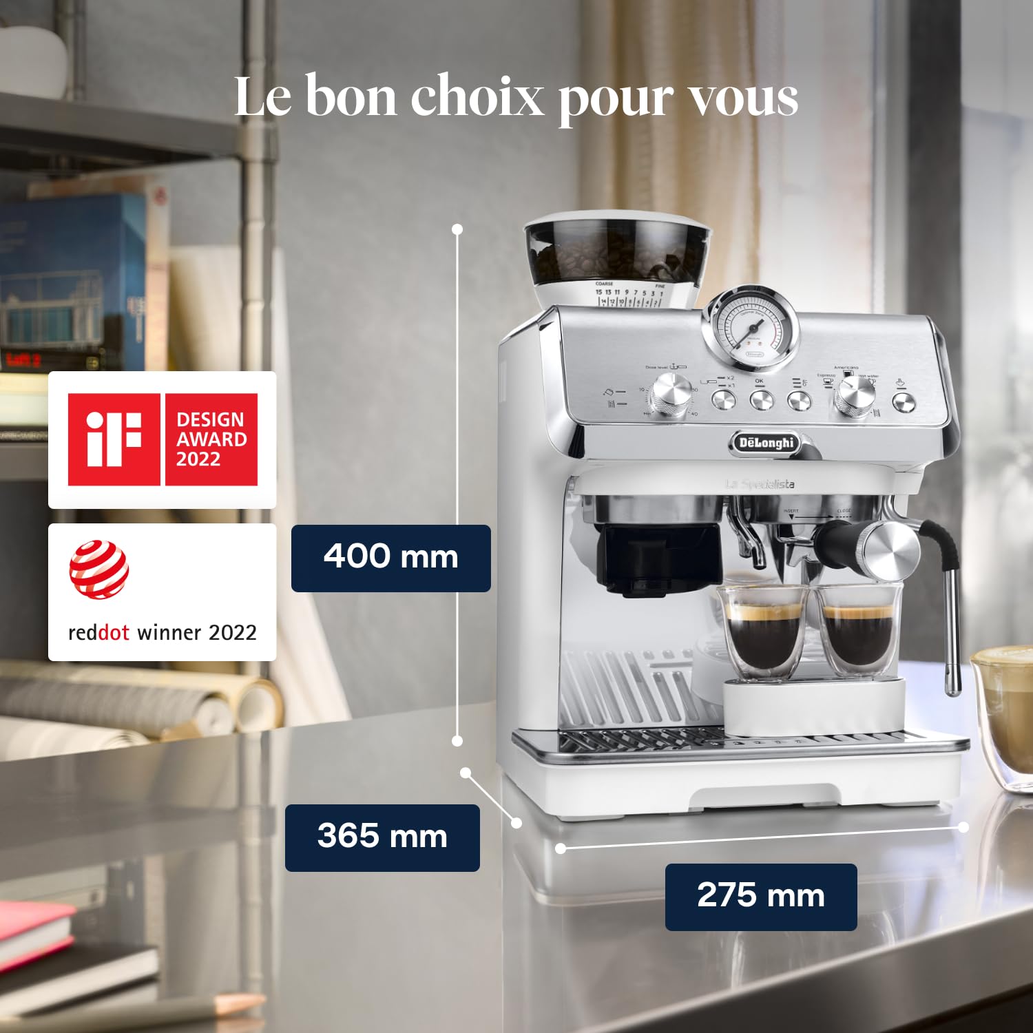 De'Longhi La Specialista Arte EC9155.W, Machine à Porte filtre, Machine Expresso Manuelle avec Moulin, 8 Niveaux de Mouture, 15 Bars, 3 Températures, Buse à Vapeur, Inclus Kit Barista, Blanc