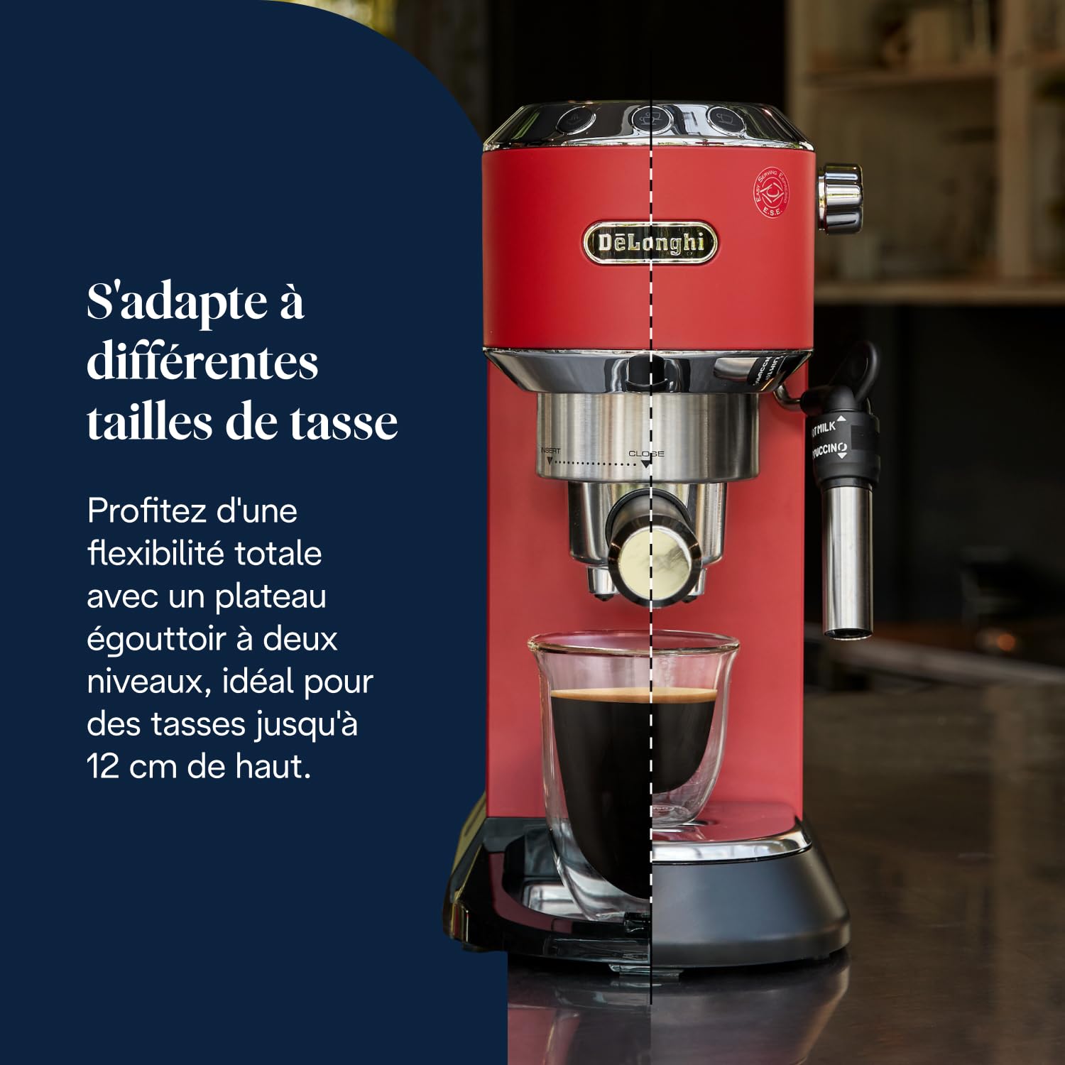 De'Longhi Dedica Style EC685.R, Machine à Café à Pompe en Acier Inoxydable Pour Café Moulu ou Dosettes, Machine à Espresso et Cappuccino, Réservoir de 1,3L, Système Anti-goutte, Rouge