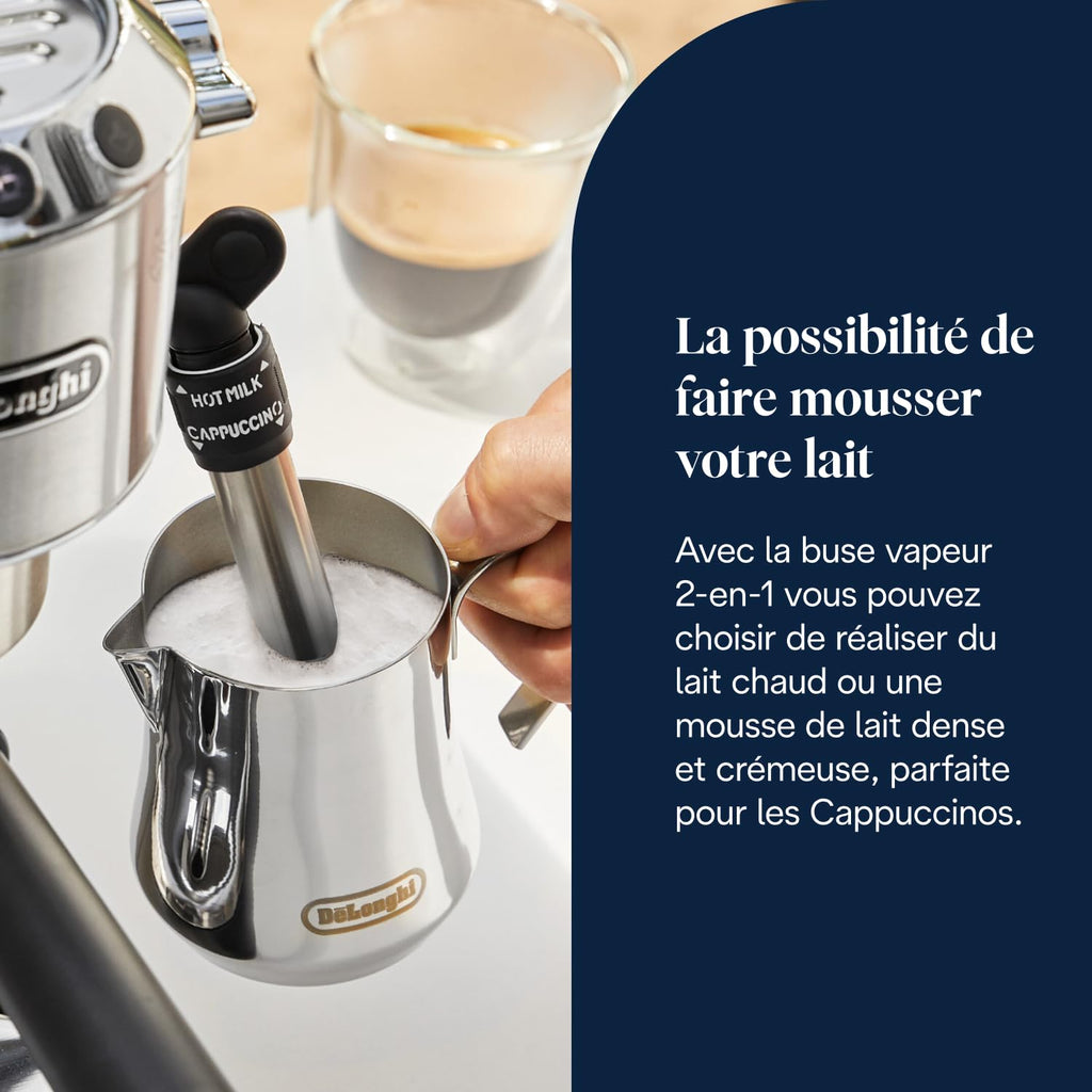 De'Longhi Dedica Style EC685.M, Machine à Expresso avec Buse à Mousse de Lait Professionnelle, Seulement 15 cm de Large, Réservoir de 1 L, Boîtier en Métal, Compatible avec les Dosettes E.S.E, Métal
