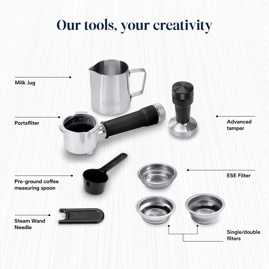 De'Longhi Dedica Duo EC890.M Barista Machine à café avec pompe, expresso et infusion à froid, machine à café manuelle avec tige à vapeur LatteArt, 15 cm de large, 2 expresso, écran tactile, tasse