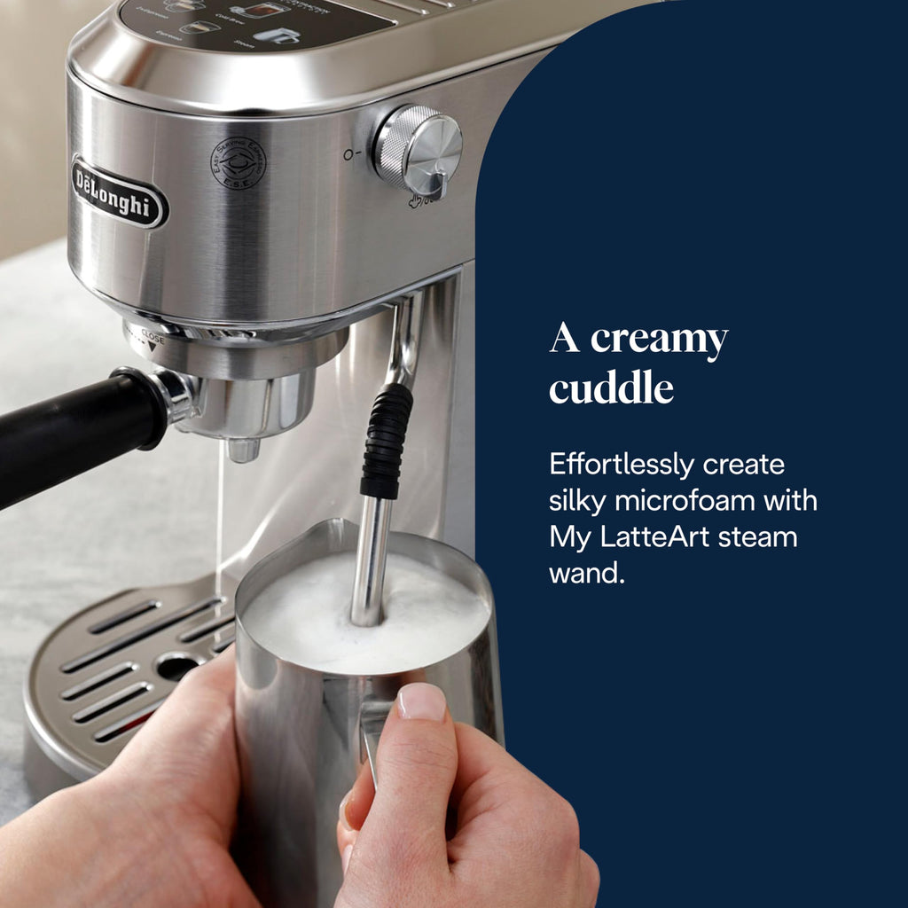 De'Longhi Dedica Duo EC890.M Barista Machine à café avec pompe, expresso et infusion à froid, machine à café manuelle avec tige à vapeur LatteArt, 15 cm de large, 2 expresso, écran tactile, tasse