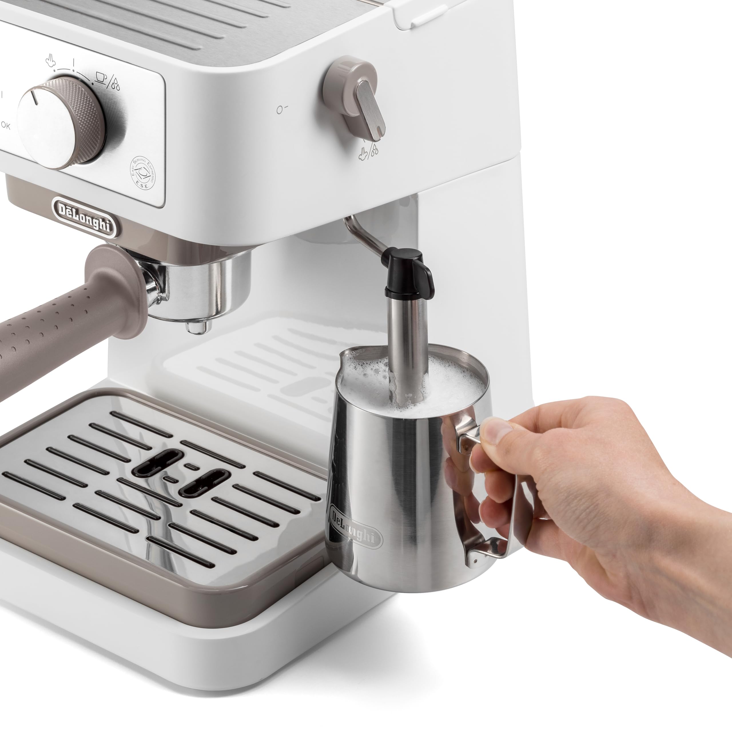 De'Longhi Machine à café manuelle Stilosa EC260.W, pression 15 bars, système cappuccino, arrêt automatique, compatible avec les tampons ESE, 2 récipients étagés, capacité 1 L, blanc